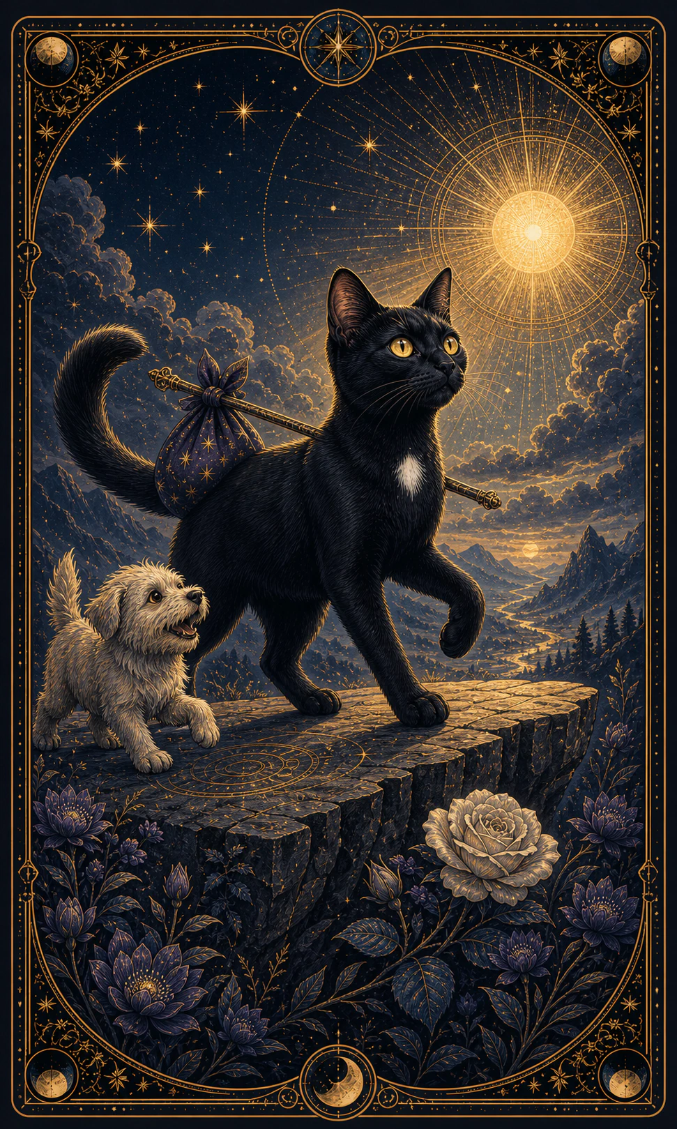 Card of a black cat that advances before a big sun with a white rose, a bundle and a small dog next to a mountain path