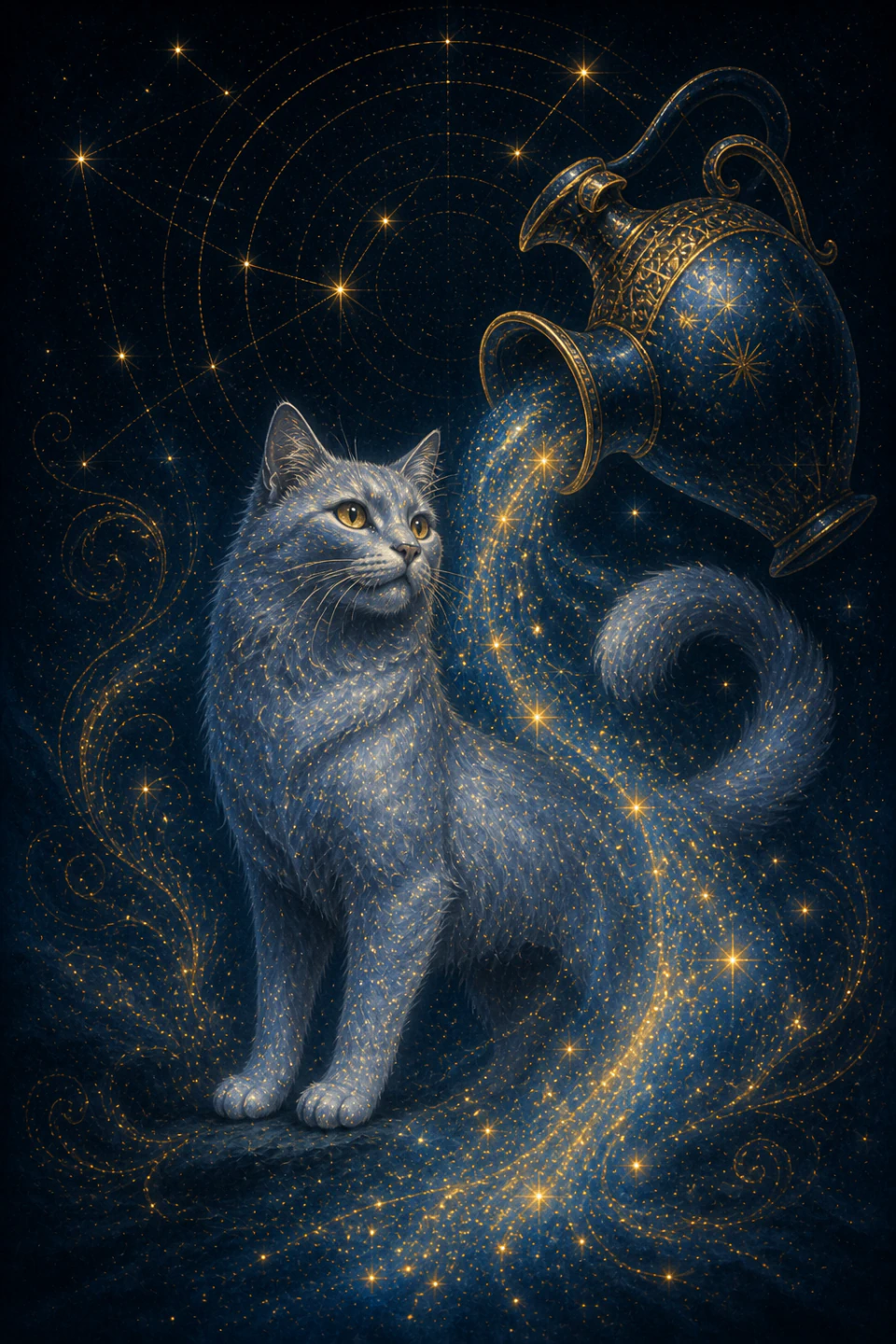 Aquarius cat next to an amphora from which a river of blue stars flows