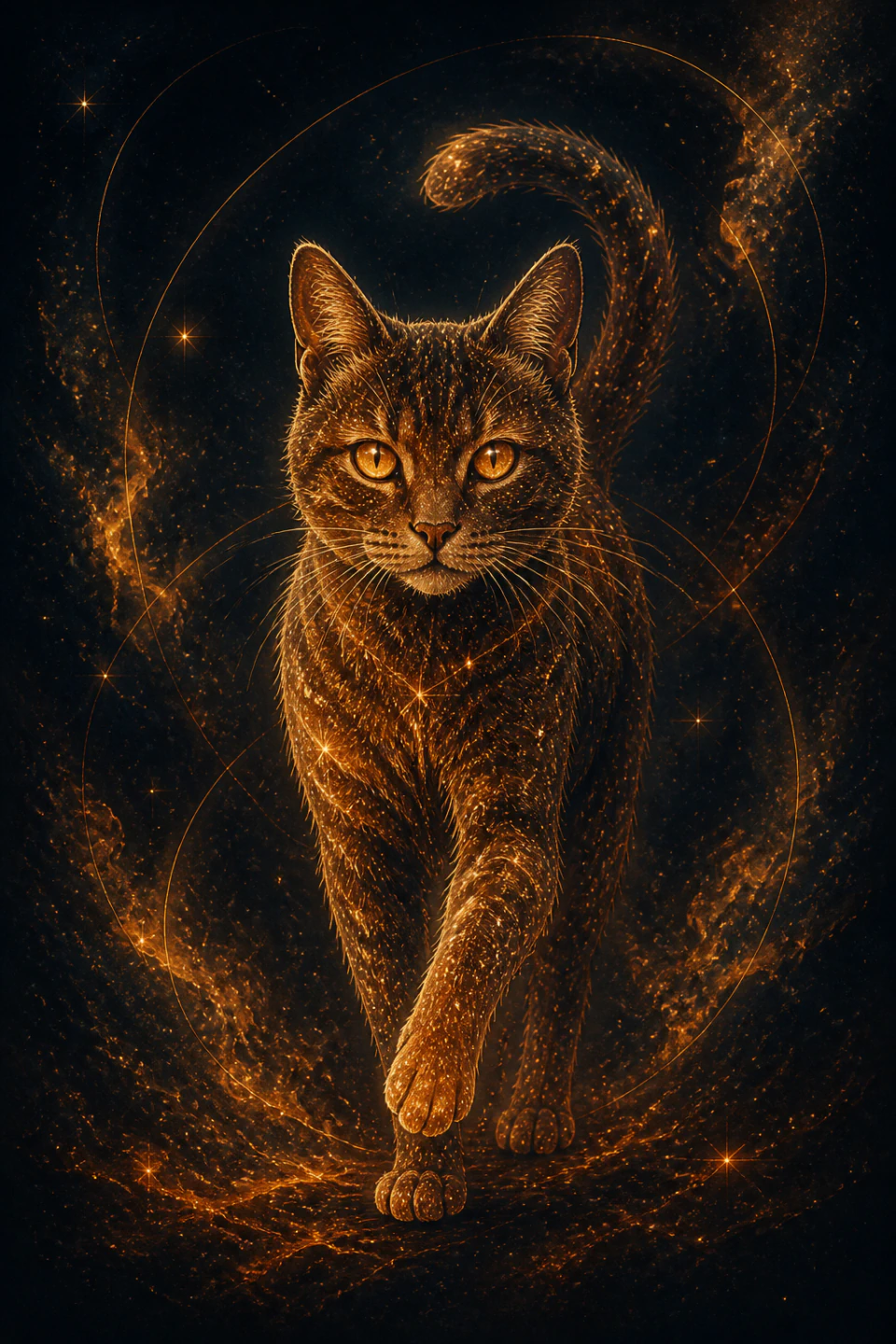 Black Aries cat with copper reflections between light blue flames and golden stars