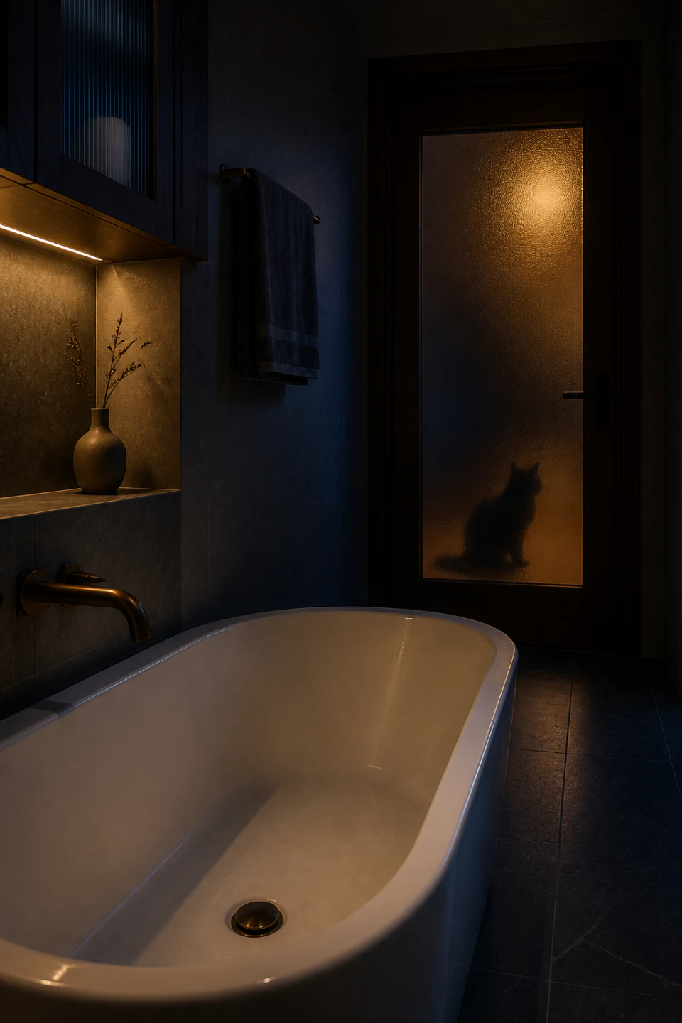 Dry, empty bathroom with a closed door and a cat waiting on the other side.