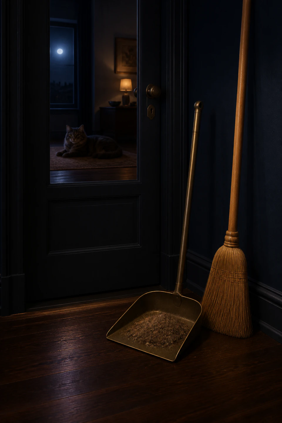 Broom and dustpan next to a clean threshold, with a cat behind a closed door.