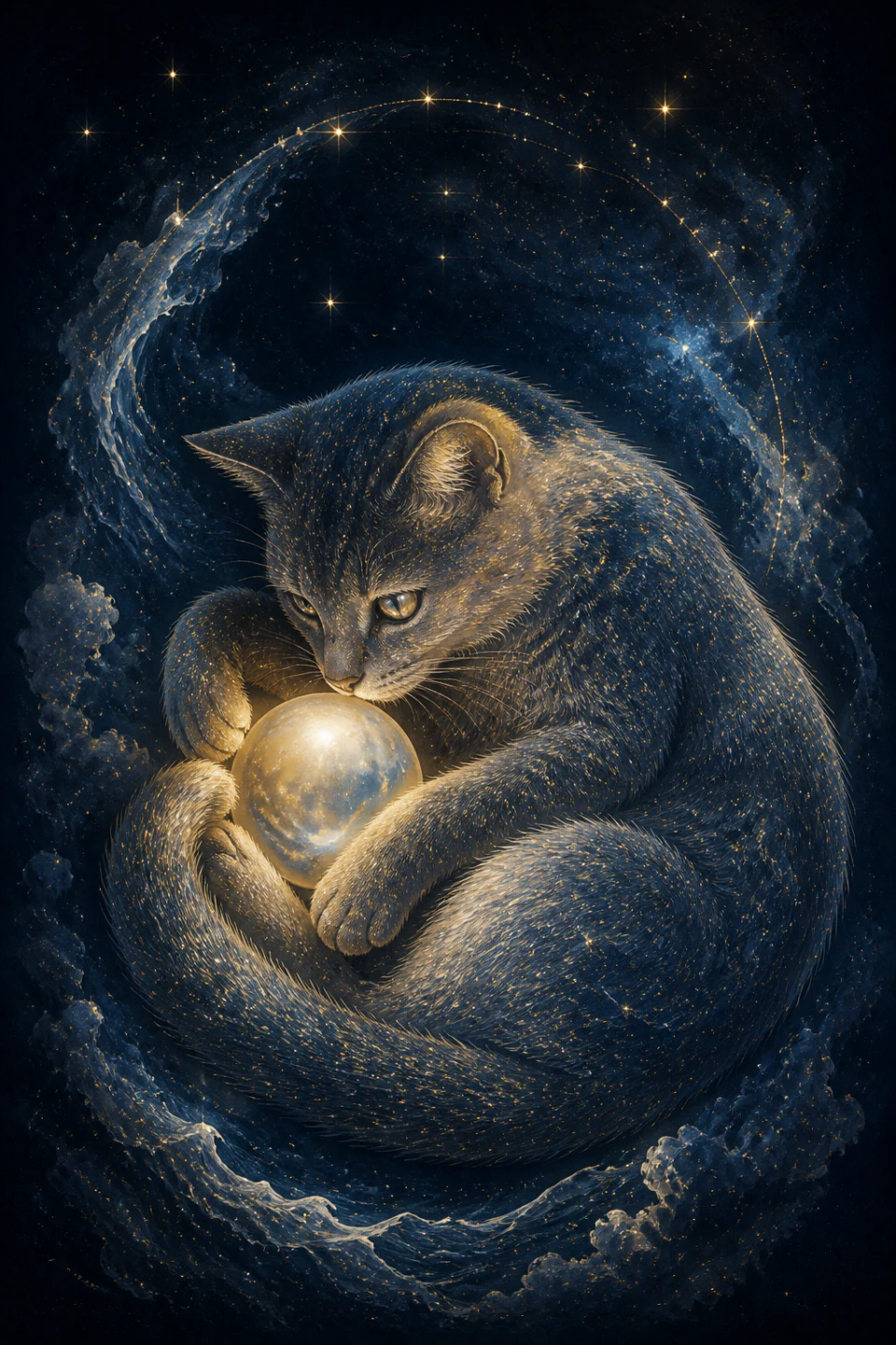 Cancer Cat gathered around a moon over deep blue water waves