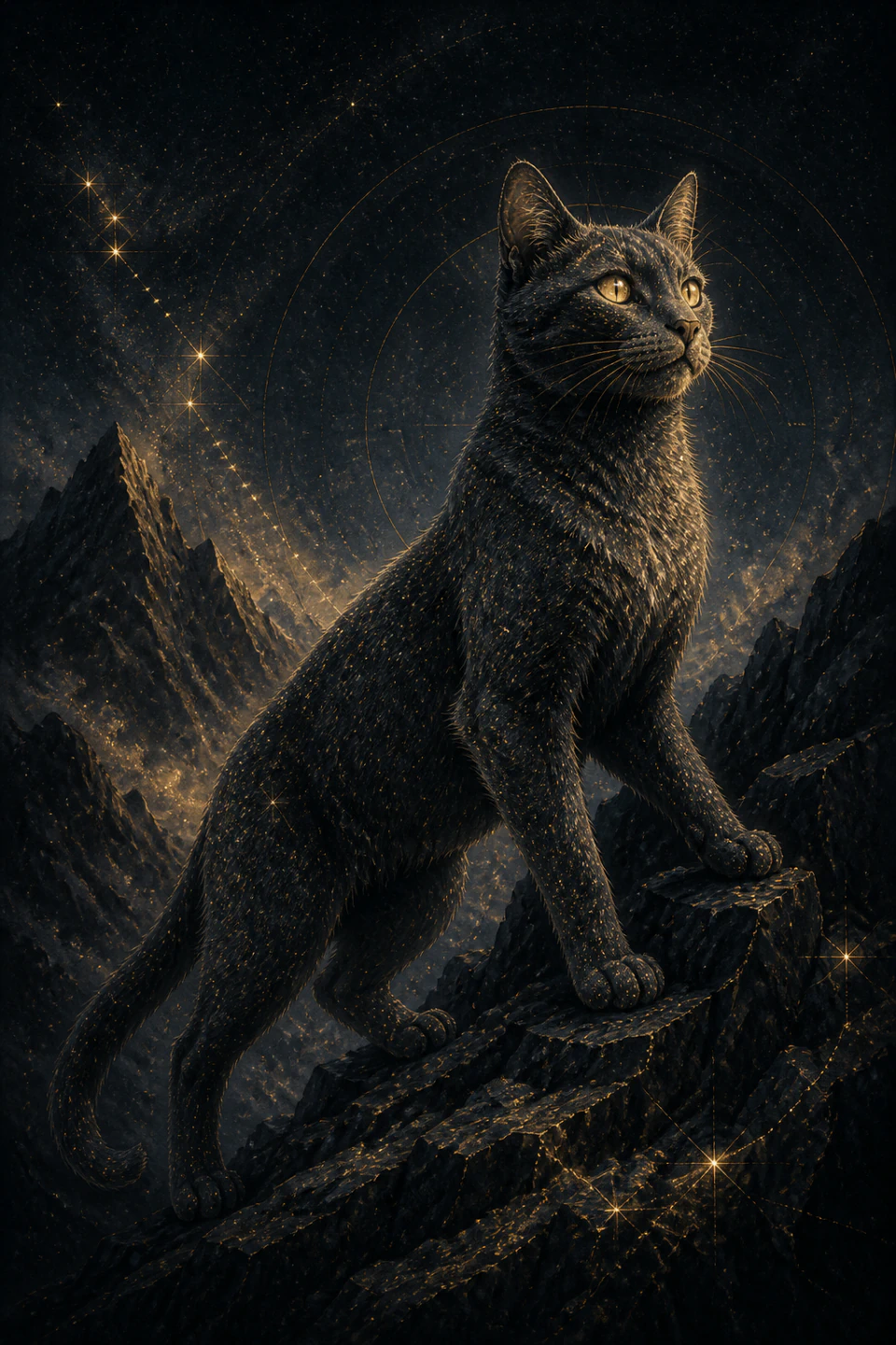 Capricorn Cat ascends a celestial mountain between orbits and constellations