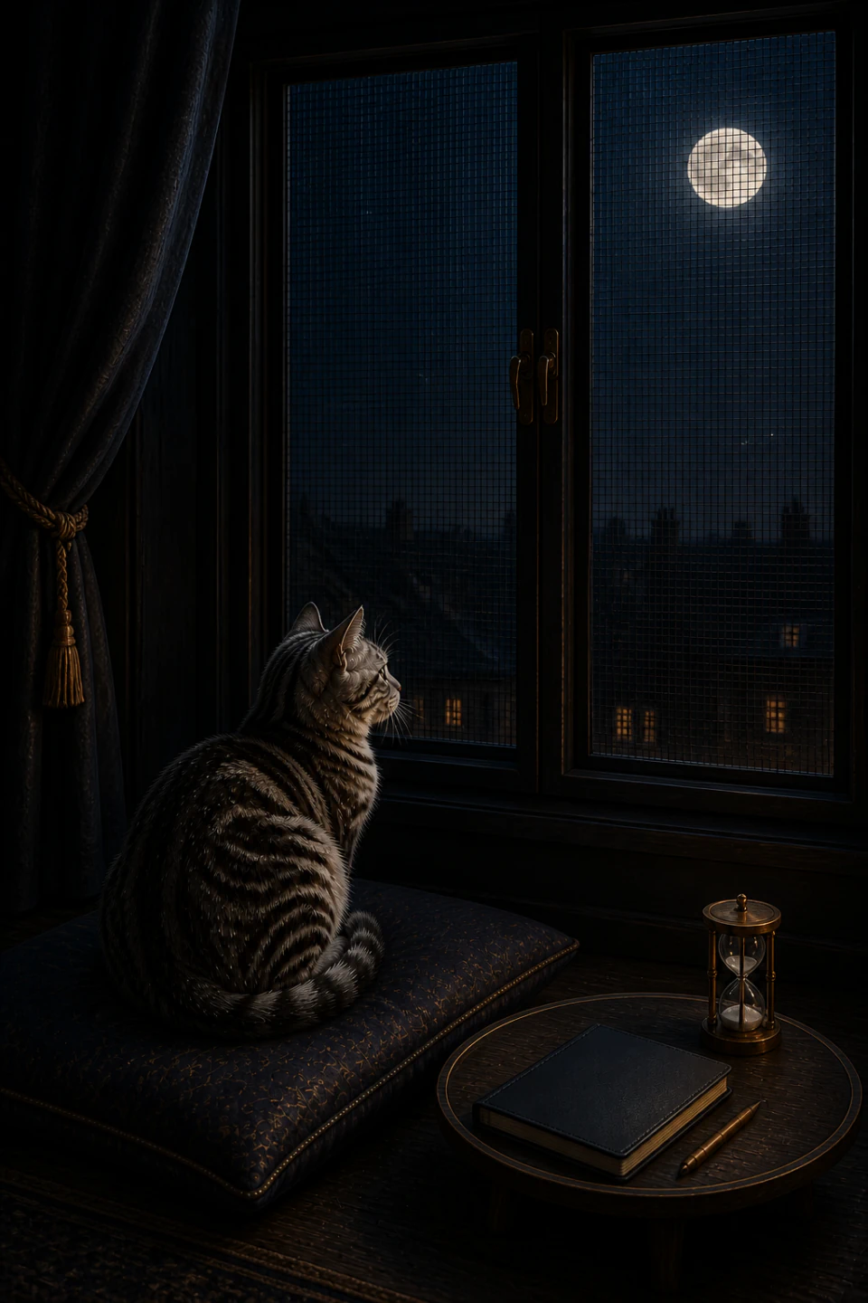 Notebook and pencil next to a closed window under the Moon, with a cat watching from its cushion.