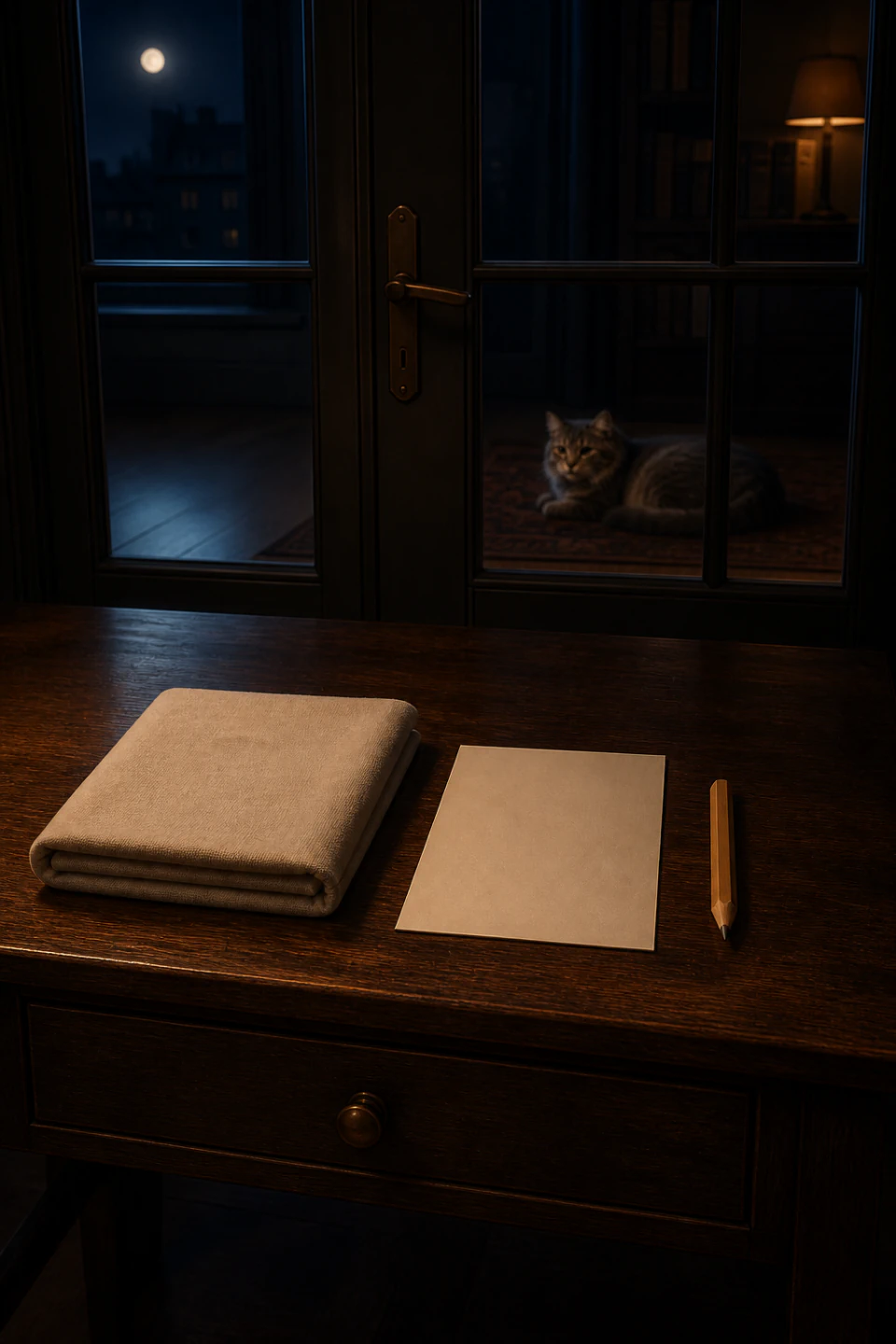 Cat resting away from a cotton shawl and a notebook under night light.