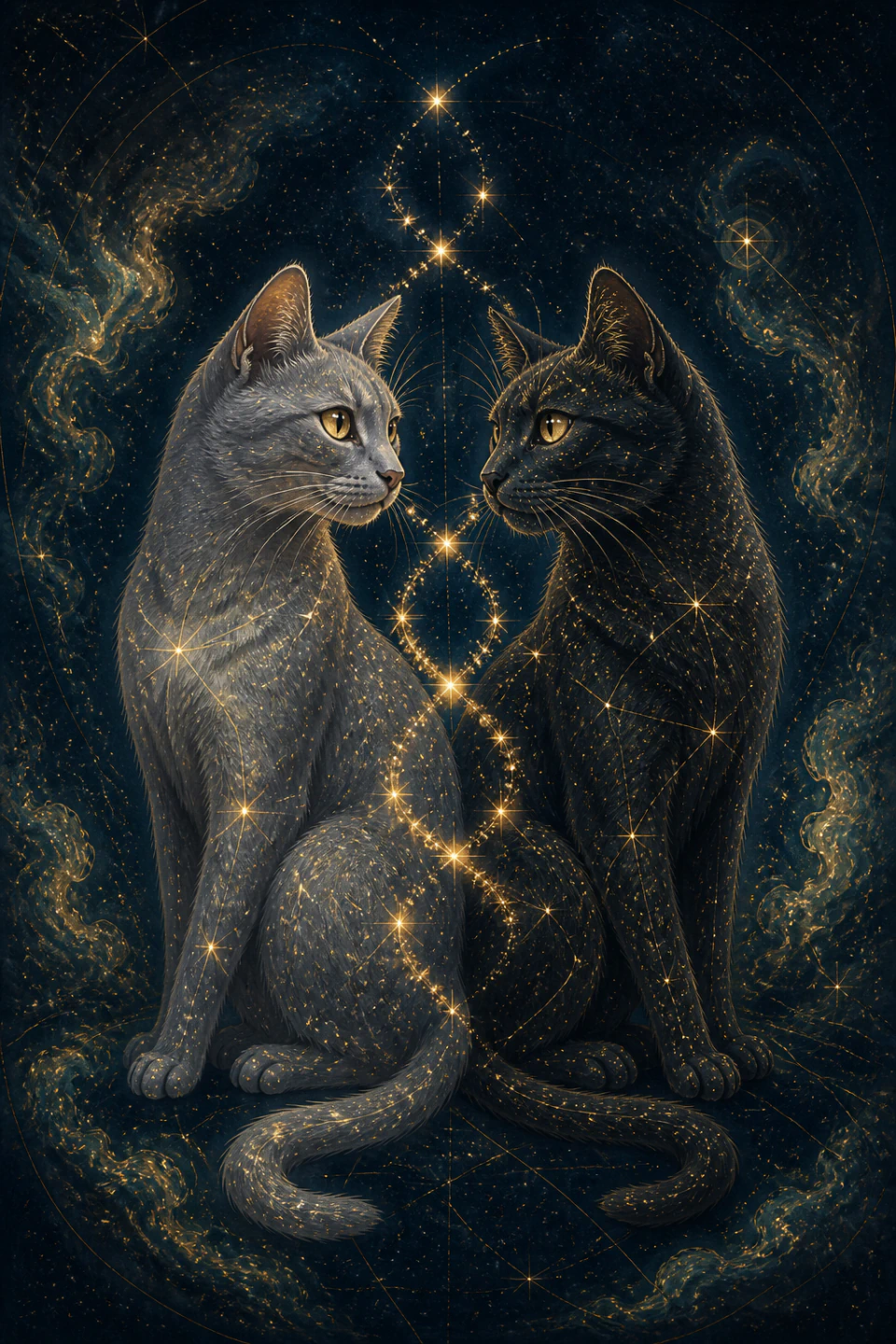 Two Gemini guardian cats are reflected under an arch of golden stars