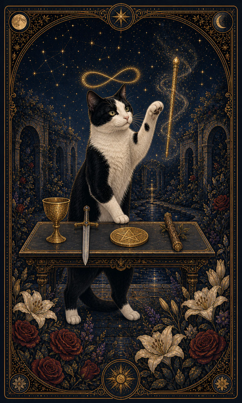 Card of a tuxedo cat in front of a table with cup, sword, pentacle and rod, while raising its white paw under a lemniscate