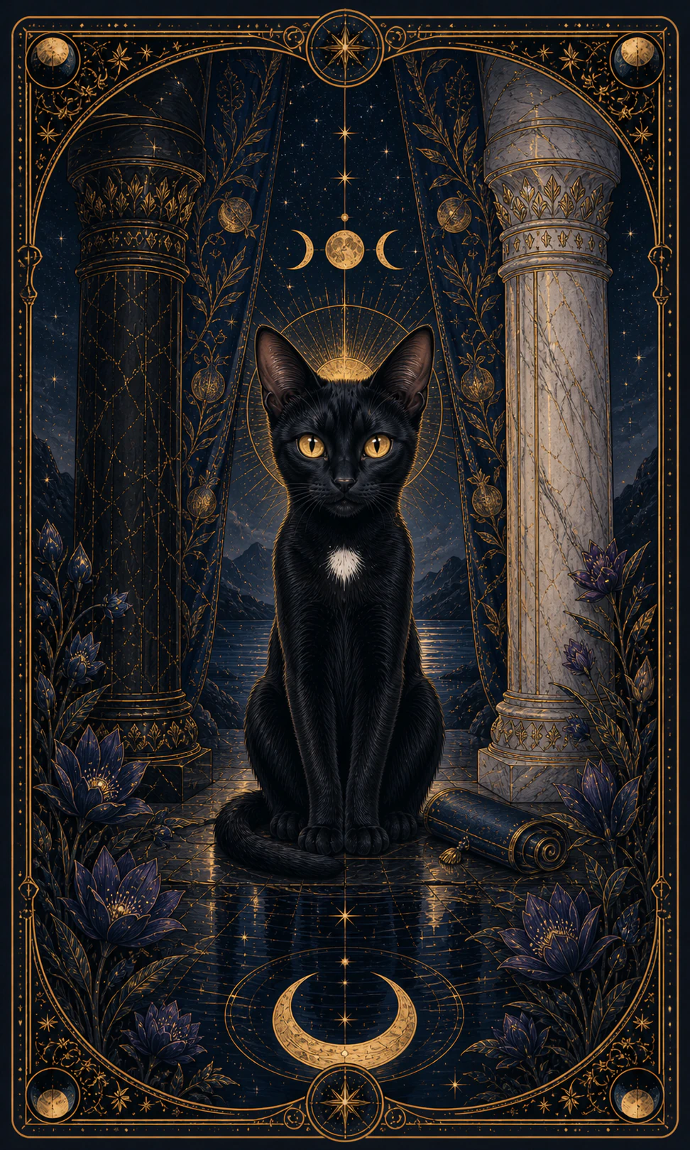 Card from a black cat between a dark and a light pillar, before a veil of pomegranates, a hidden book and a crescent moon