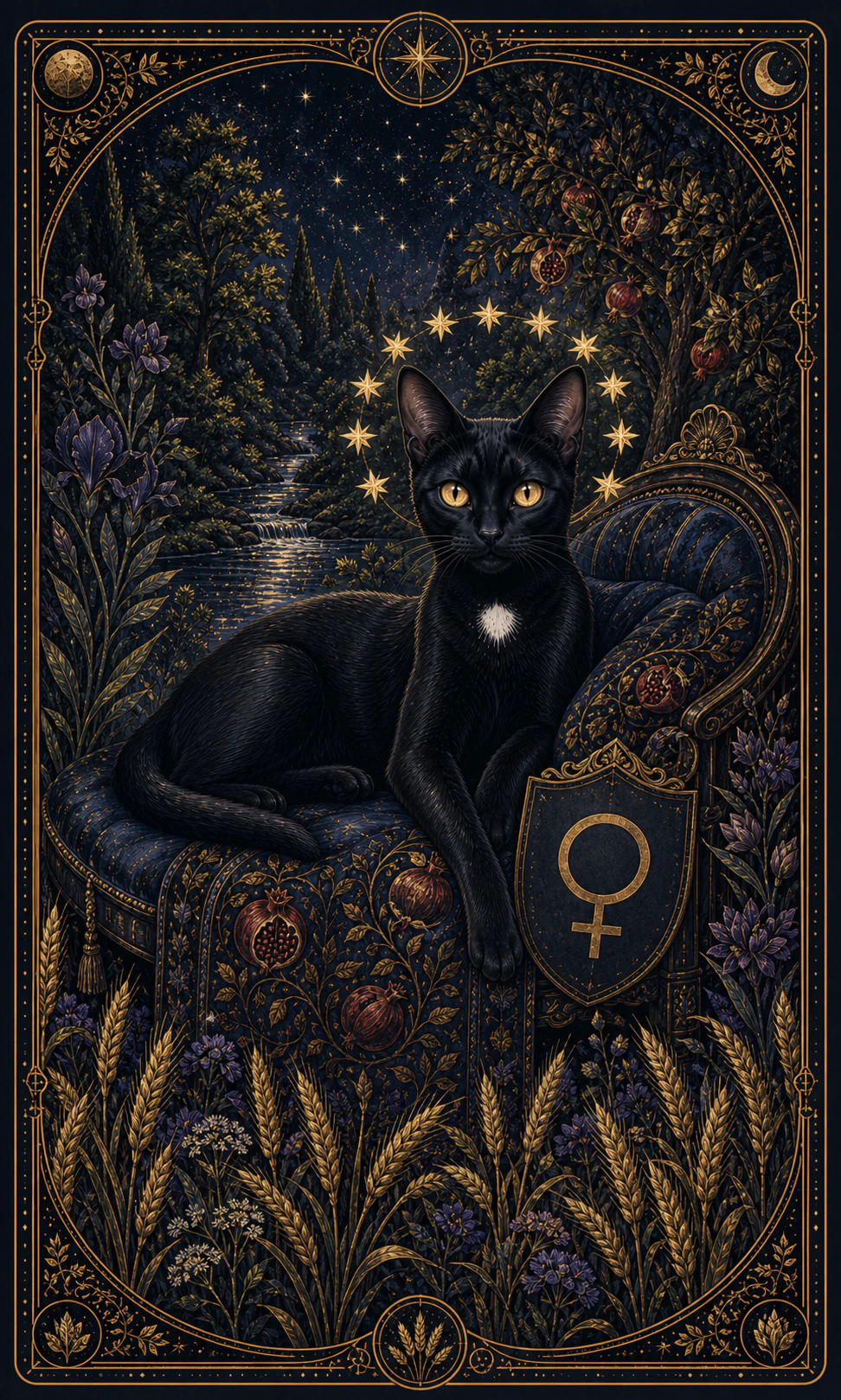Card of a black cat reclining among wheat, pomegranates, forest and water, under a crown of twelve stars and next to the symbol of Venus