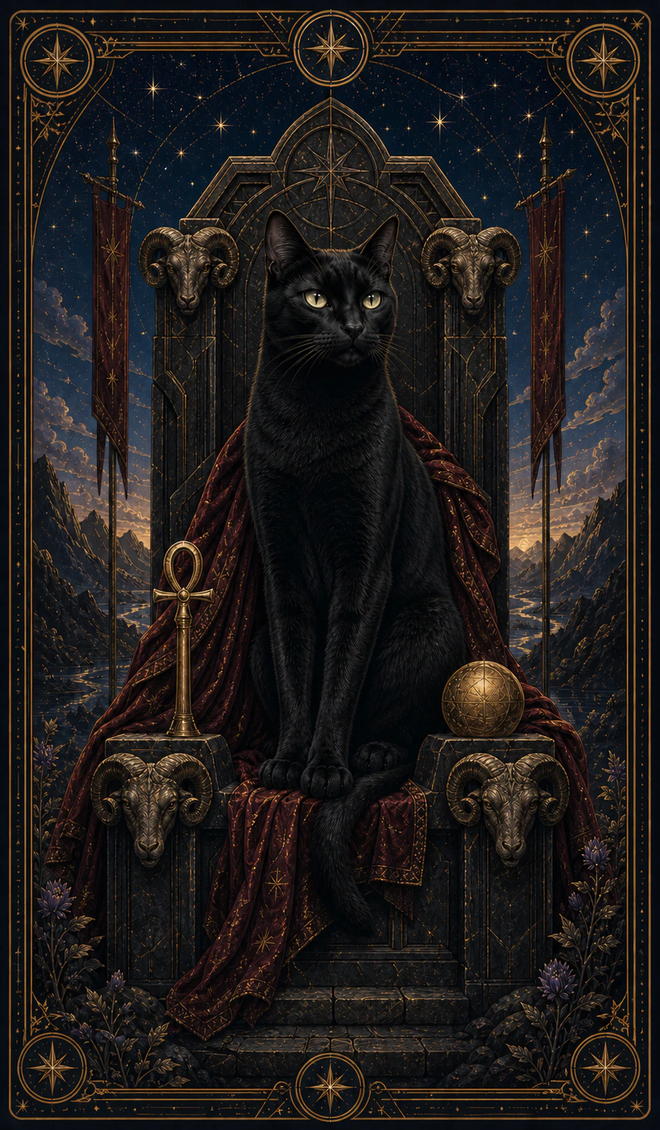 Card of a black cat standing tall on a stone throne with four rams, a scepter, an orb, red cloak and mountains