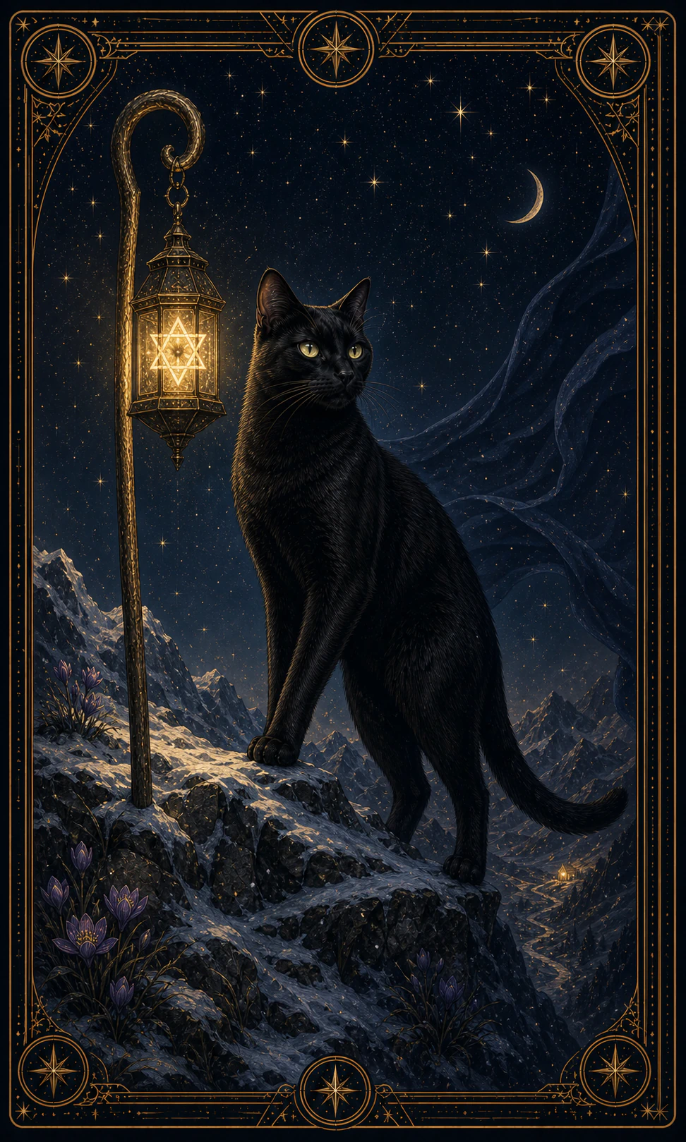 Card of a tall black cat on a night summit, next to a staff and a lantern with a six-pointed star that illuminates a path