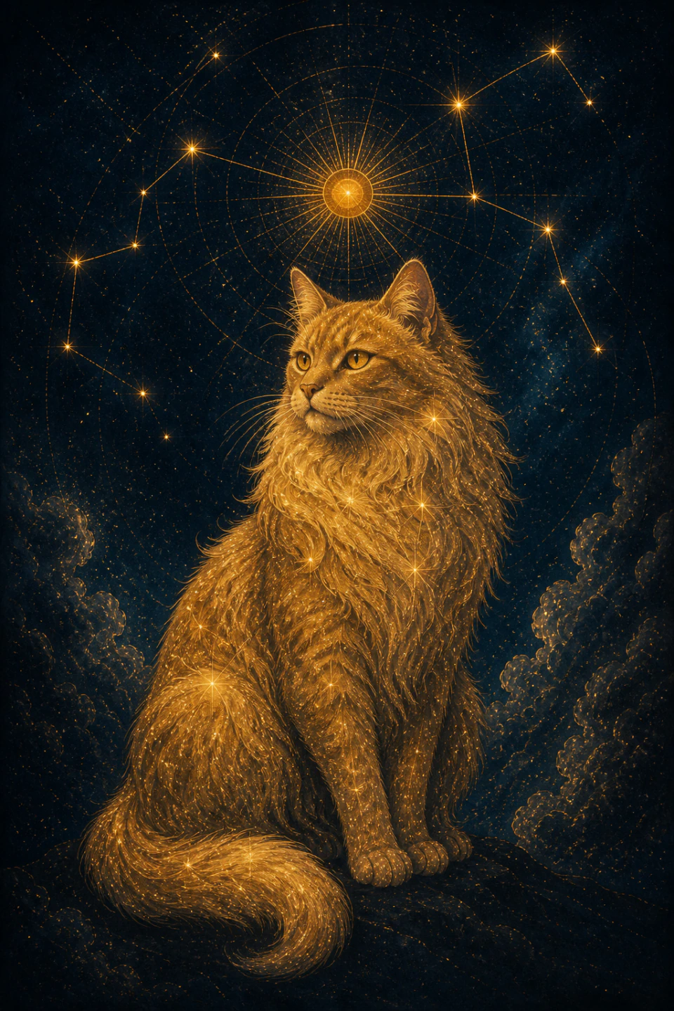Golden Leo cat with luminous mane and solar lines on a dark sky