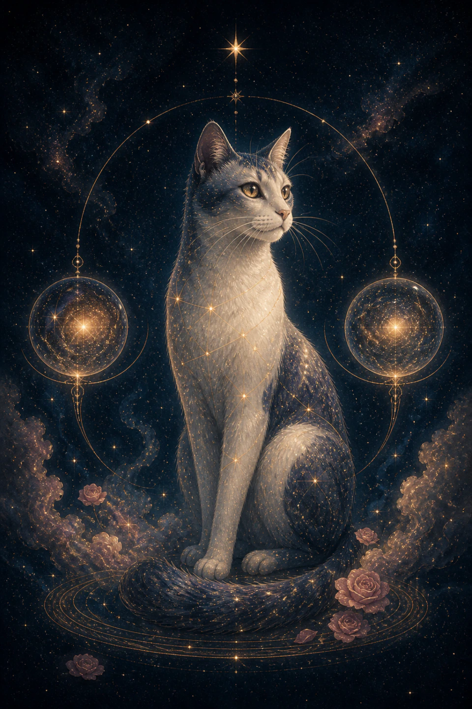 Libra Cat between two luminous spheres balanced under golden constellations