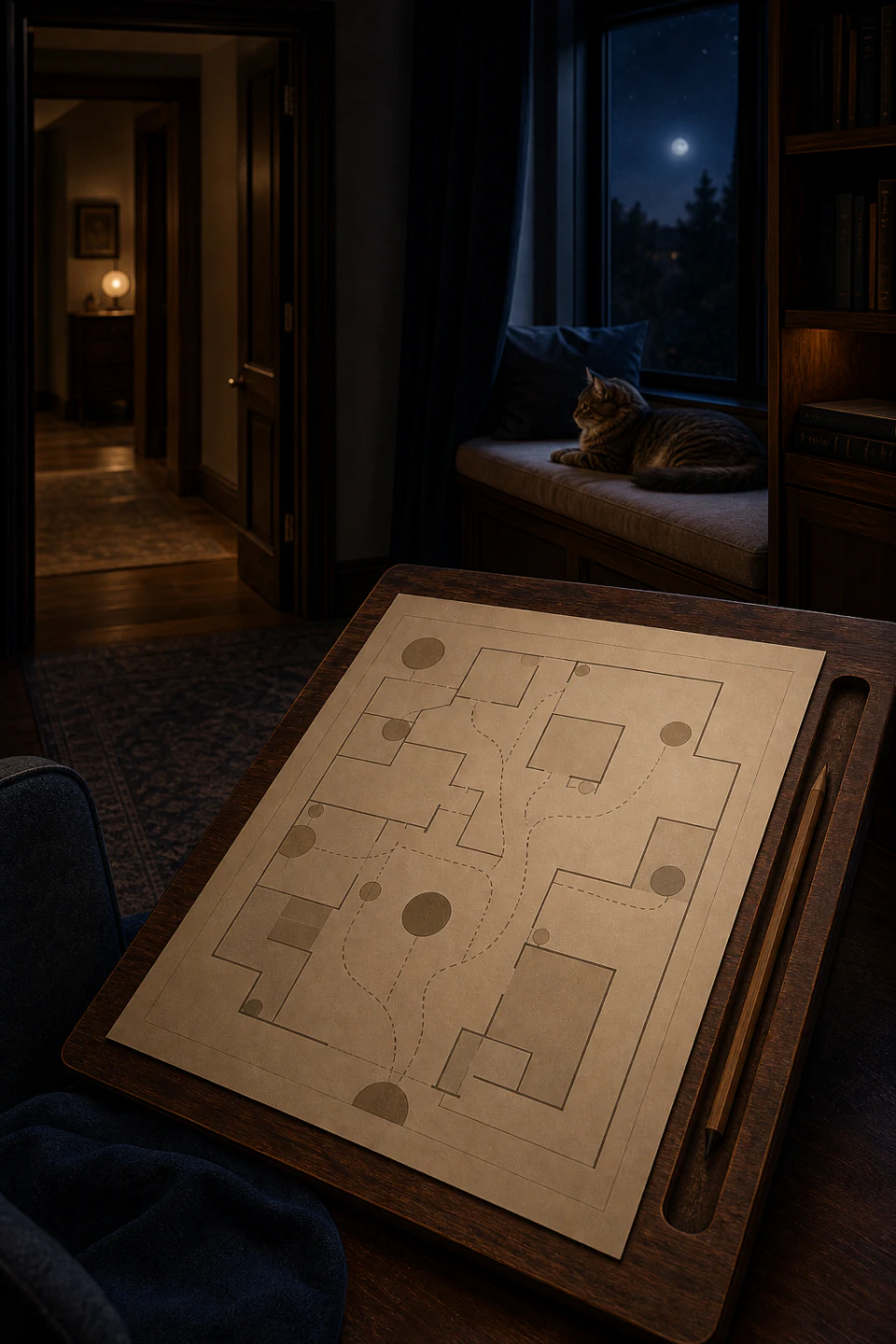 Domestic plan drawn with rest areas and a cat observing without participating.