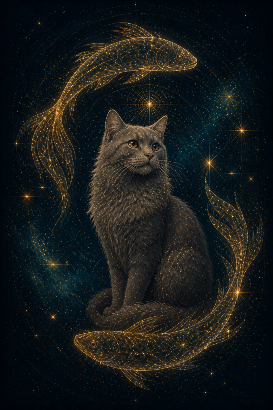 Two Pisces celestial fish surround a guardian cat under a blue moon