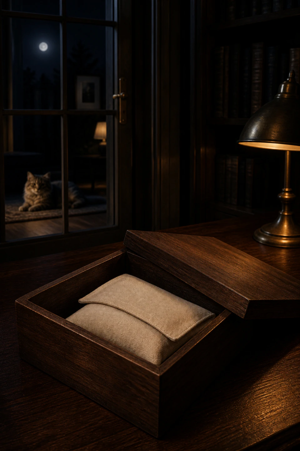Rigid box with a closed botanical sachet and a cat on the other side of a door.