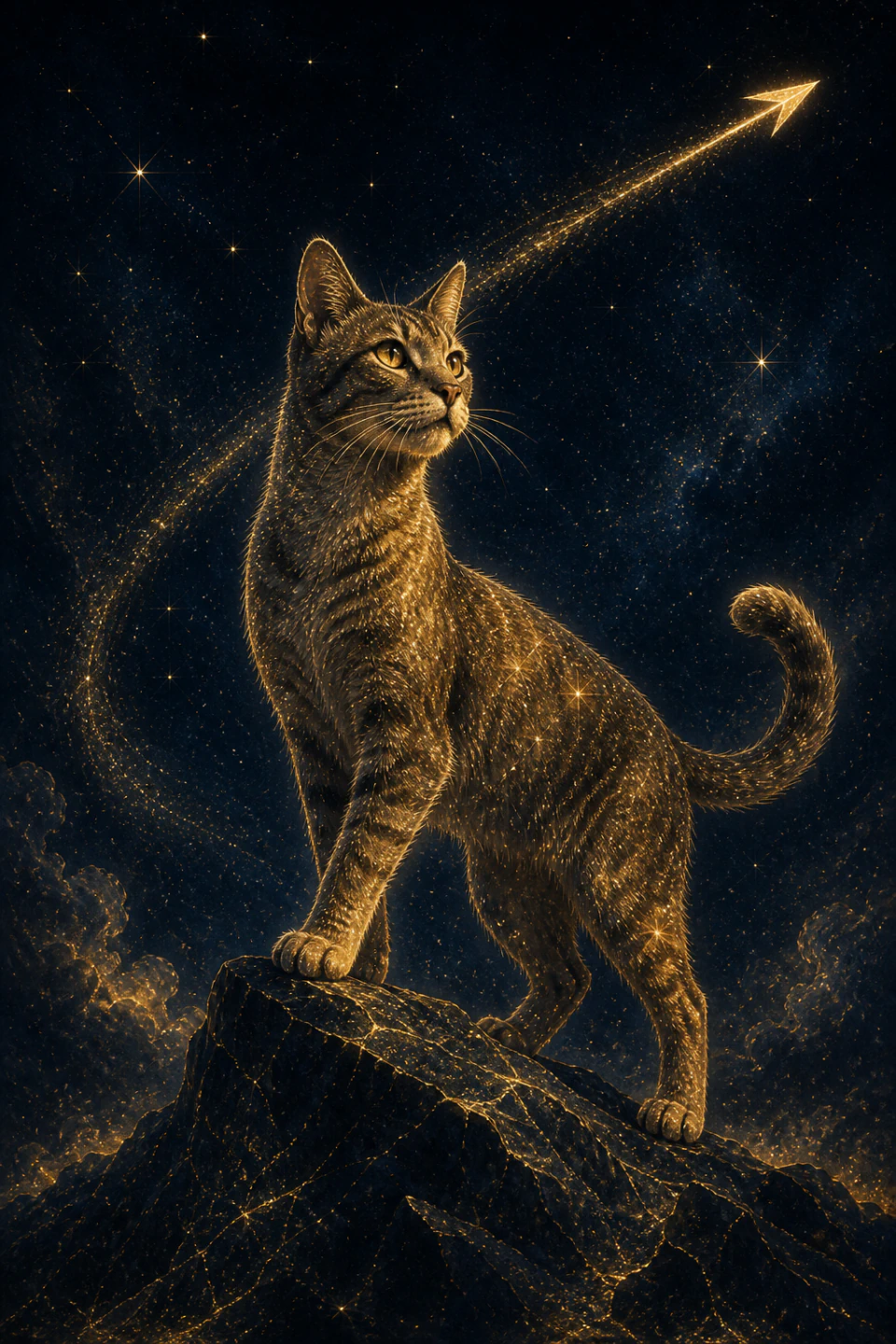 Sagittarius cat on a rock next to a celestial arrow facing the stars