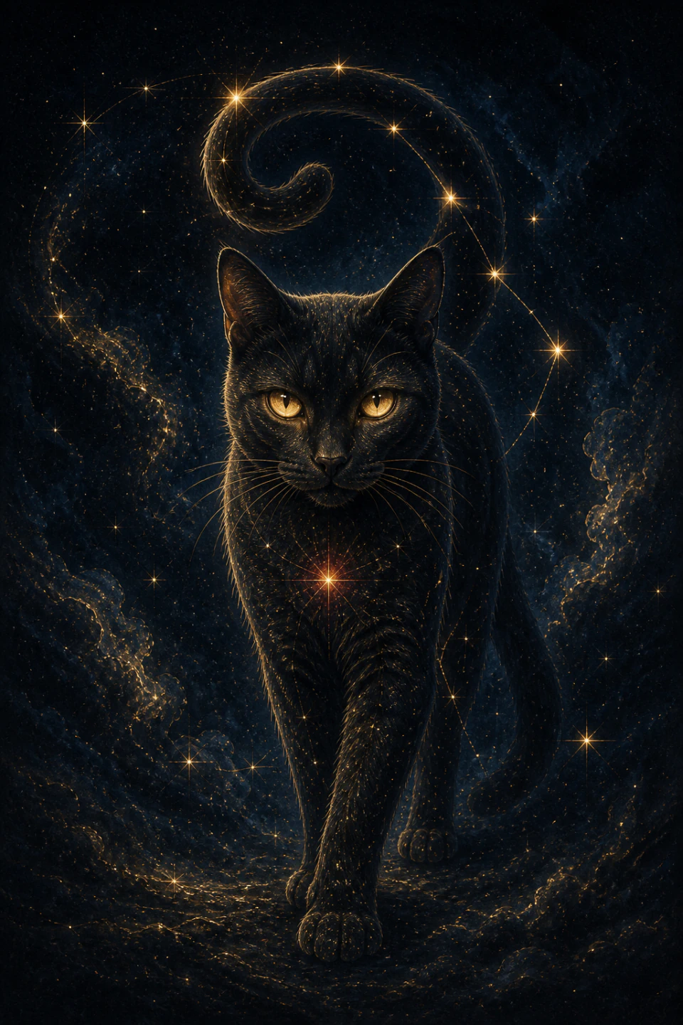 Scorpio guardian cat with curved tail among stars and plum-colored sparkles