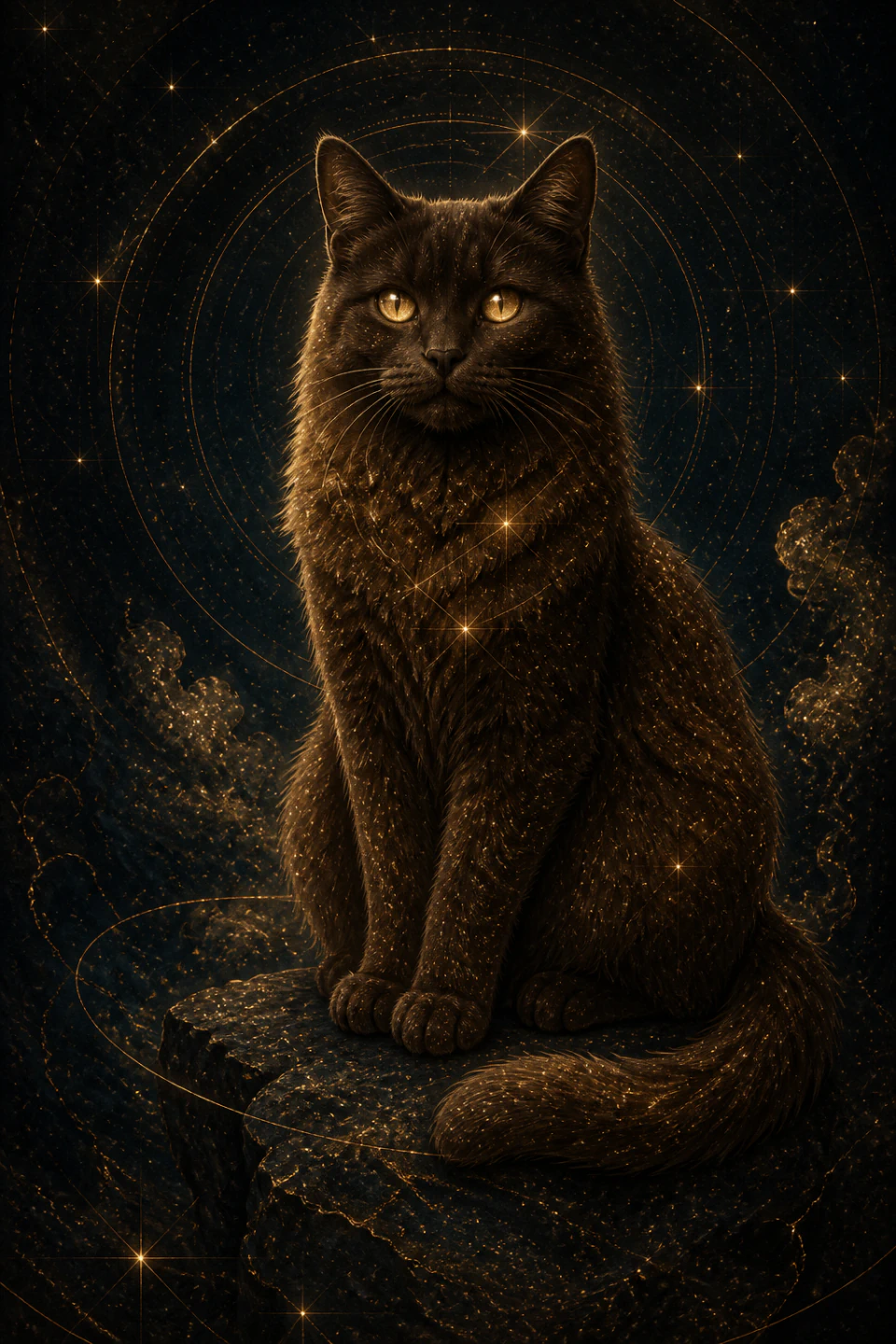 Taurus guardian cat on a rock, surrounded by orbits and earth symbols
