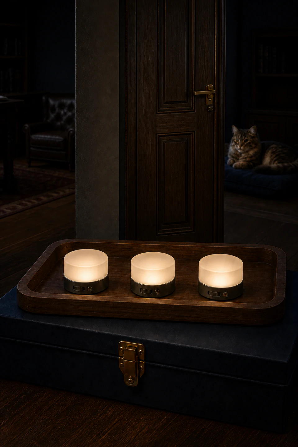 Three small LED lights sealed on a tray and a cat resting in the distance.