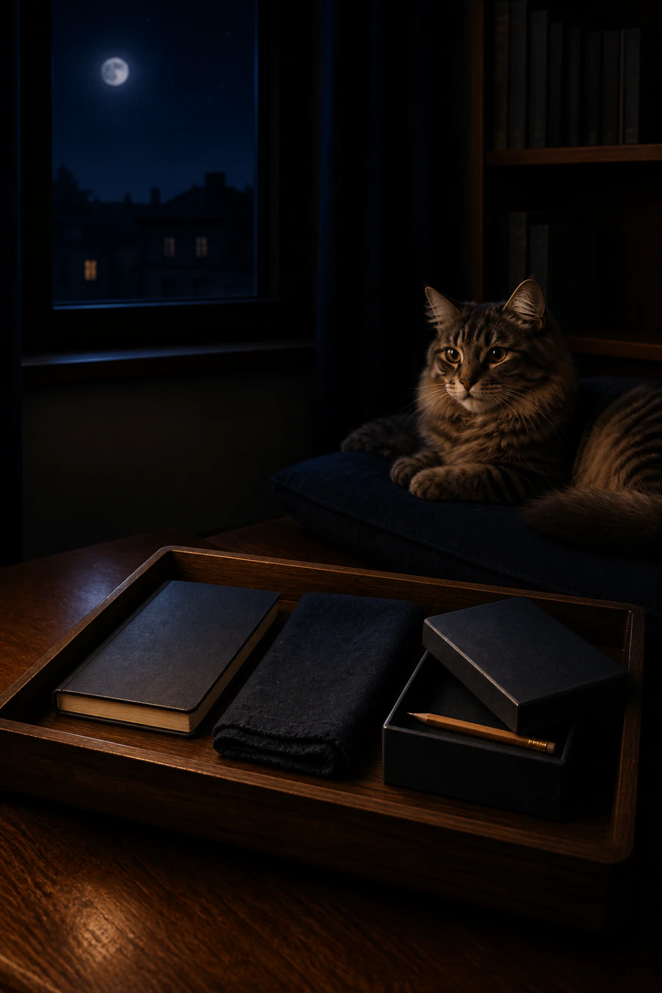 Low, stable tray with box, notebook and LED light while a cat rests at a distance.