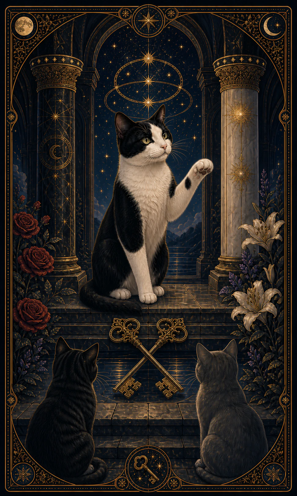Card of a tuxedo cat between two pillars before two listening cats, with two crossed keys, roses, lilies and a light blue crown