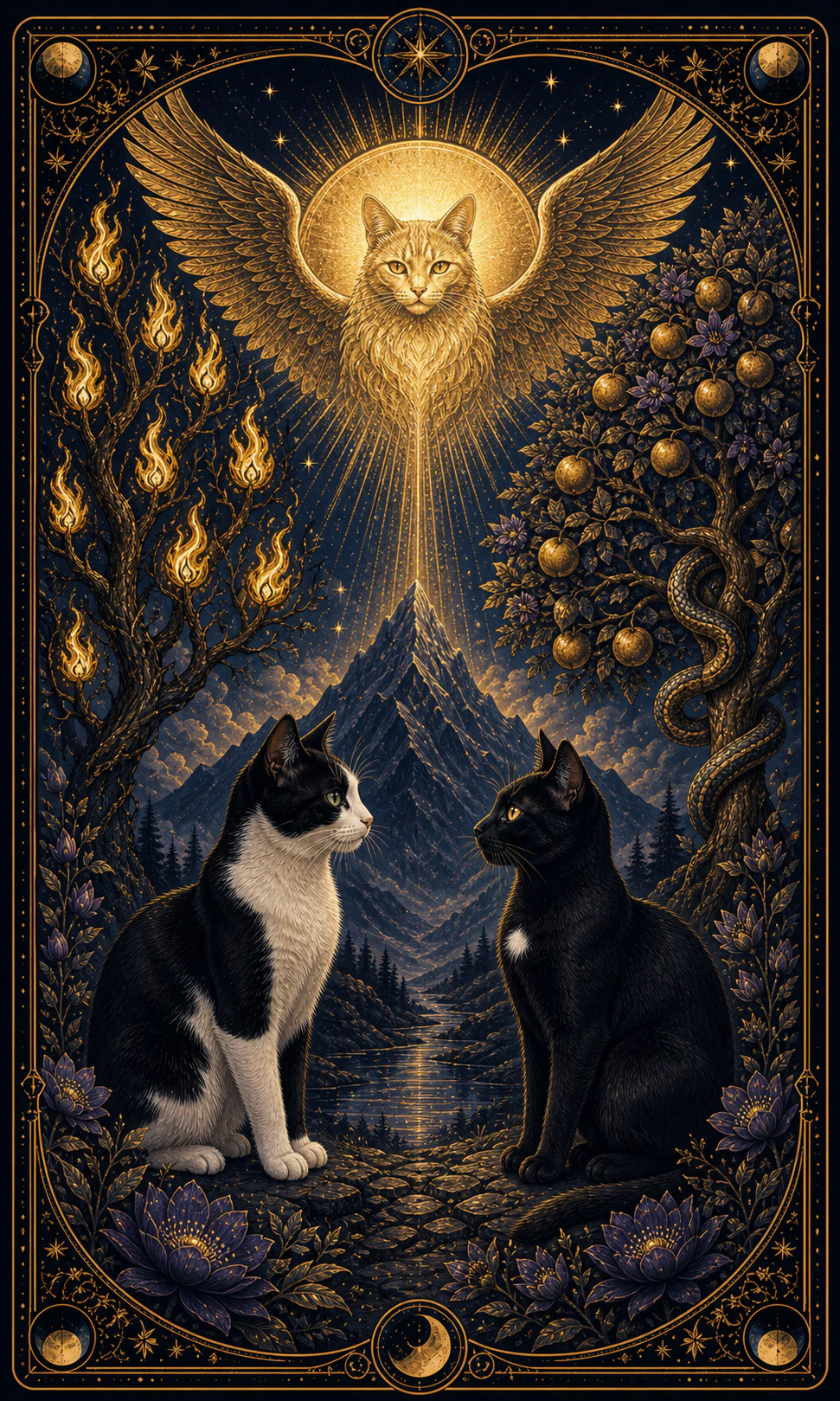 Card of a tuxedo cat and a black cat face to face, under a winged feline guardian, between a tree of flames, another with a snake and a mountain
