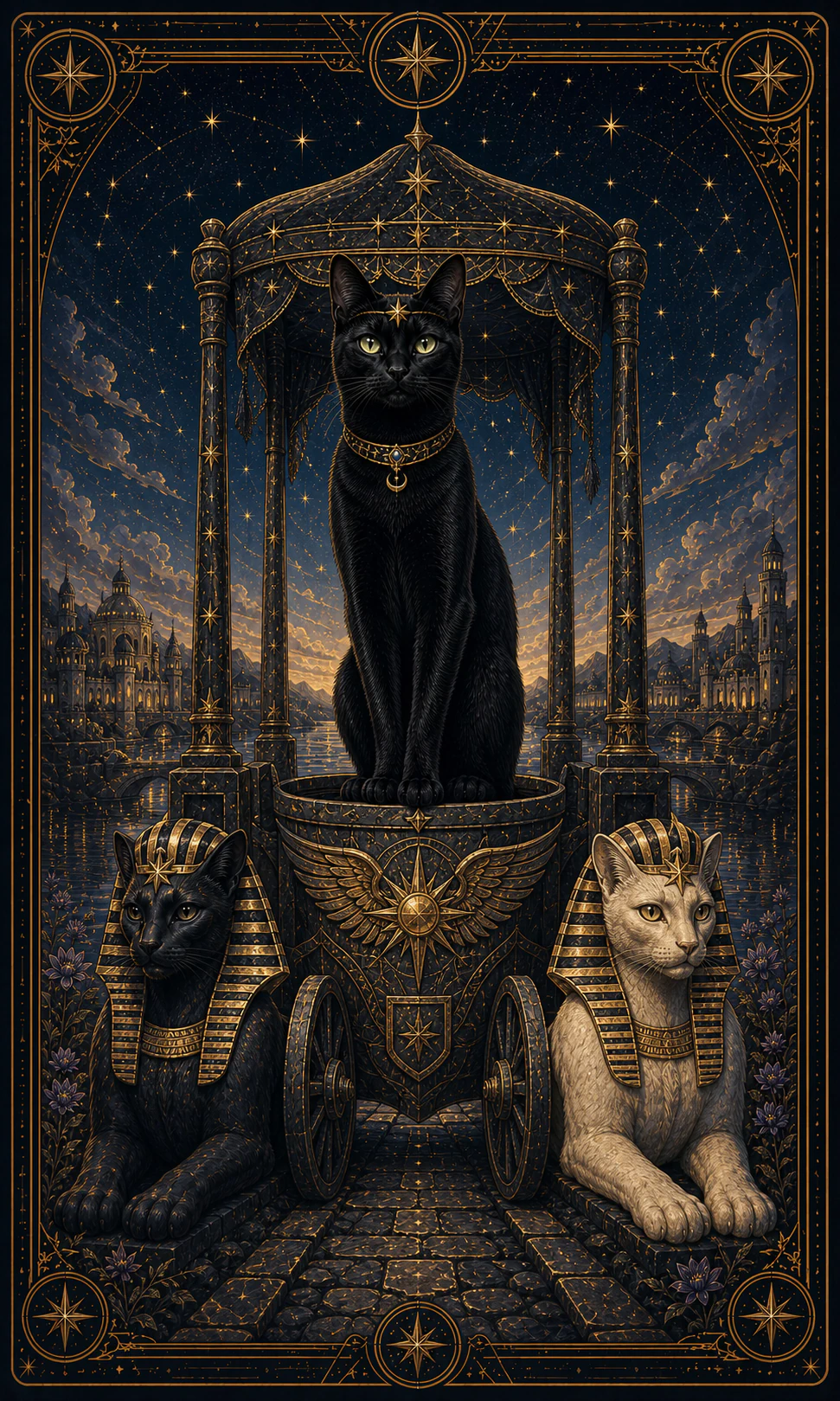 Card of a tall black cat in a chariot under a starry canopy, flanked by a black and a light sphinx before a city and a road