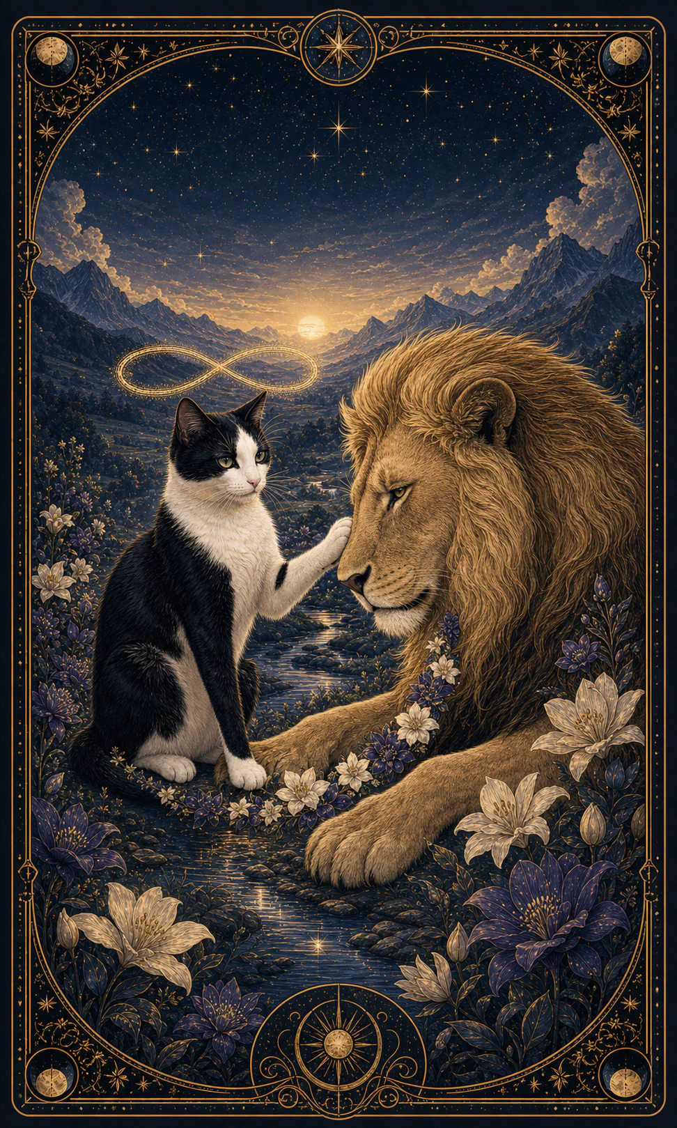 Card of a tuxedo cat resting a white paw on the serene snout of a lion, under a golden lemniscate