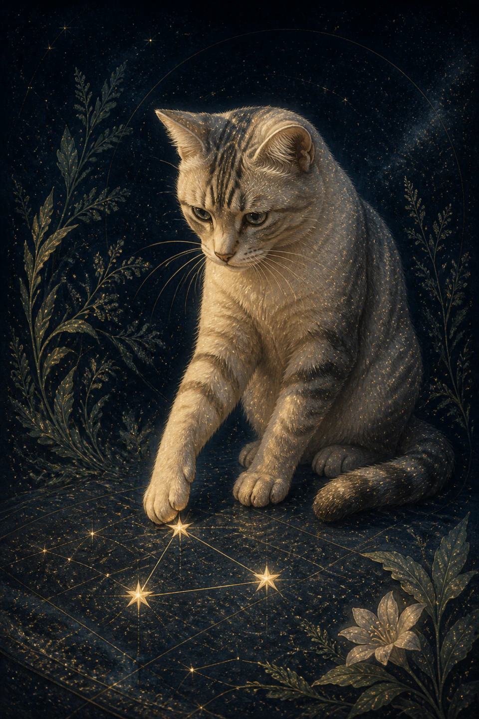 Virgo guardian cat among celestial botany, astrological charts and fine stars