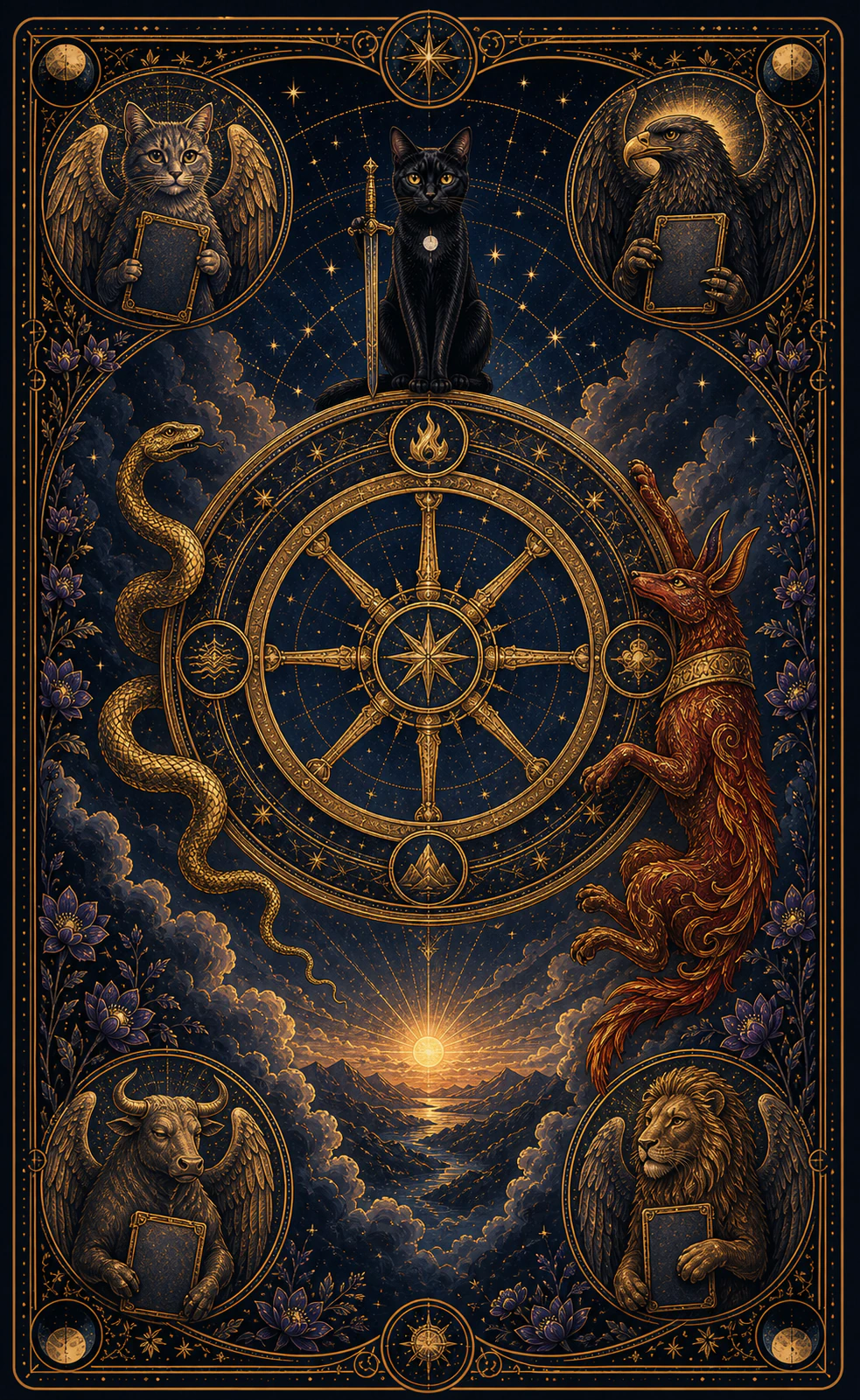 Card of a great celestial wheel with a black cat at the top, a descending serpent, an ascending guardian and four winged beings in the corners