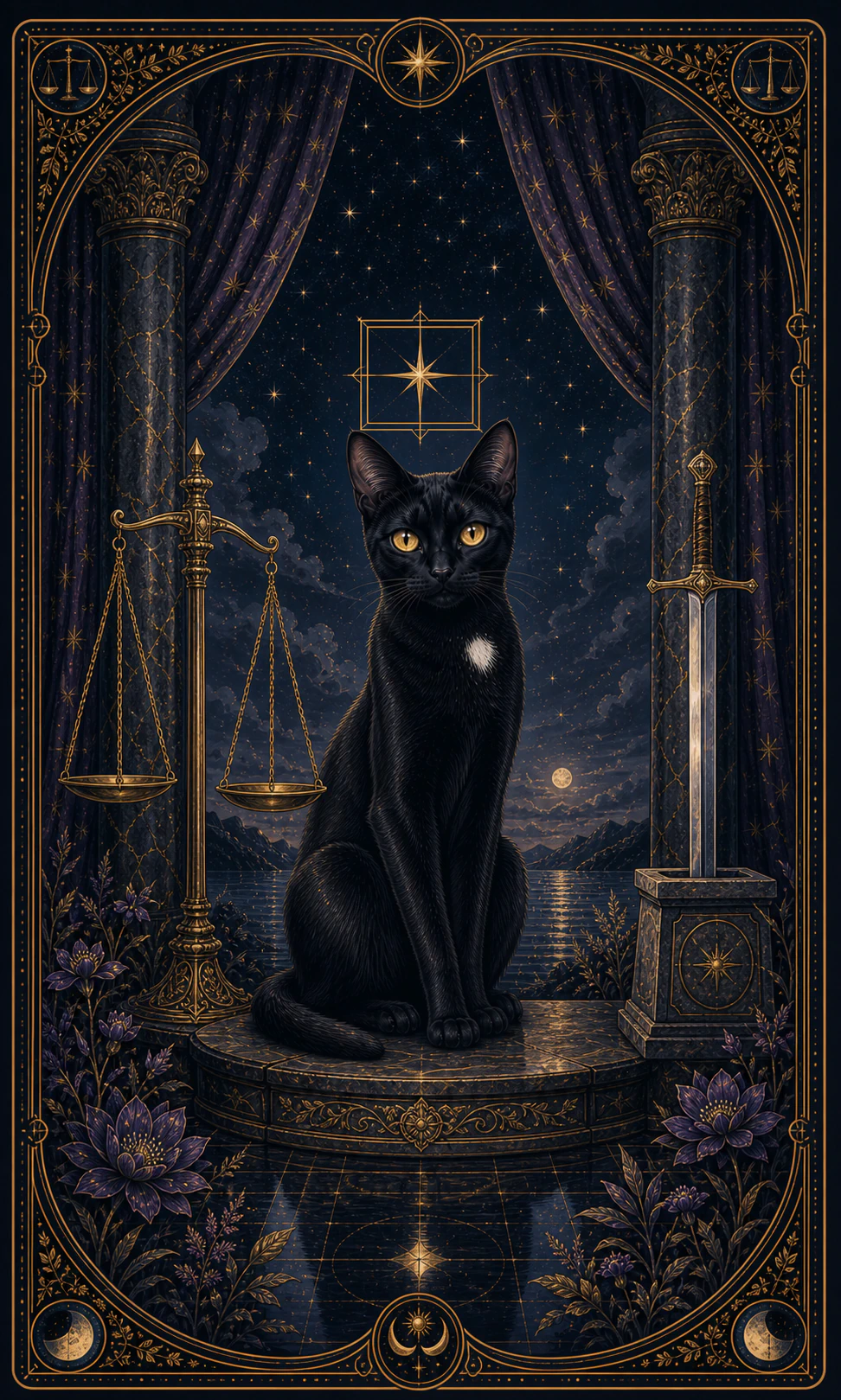 Card of a black cat between two pillars, next to a balanced scale and a vertical sword, before a purple veil