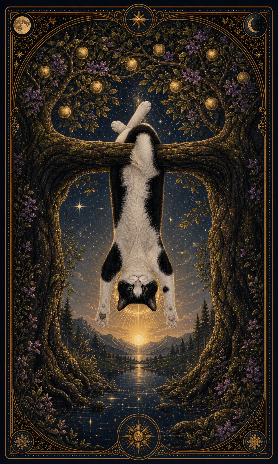 Card of a tuxedo cat resting face down on a living branch, hind legs crossed, a golden halo and starry water below