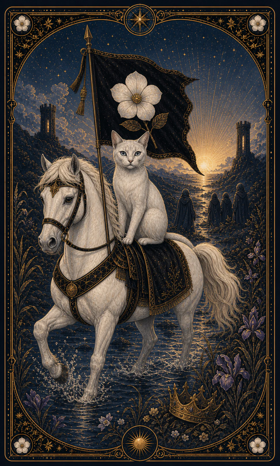 Card of a fictional silver cat on a white horse crossing a river, with a white rose, a fallen crown and the sun between two towers