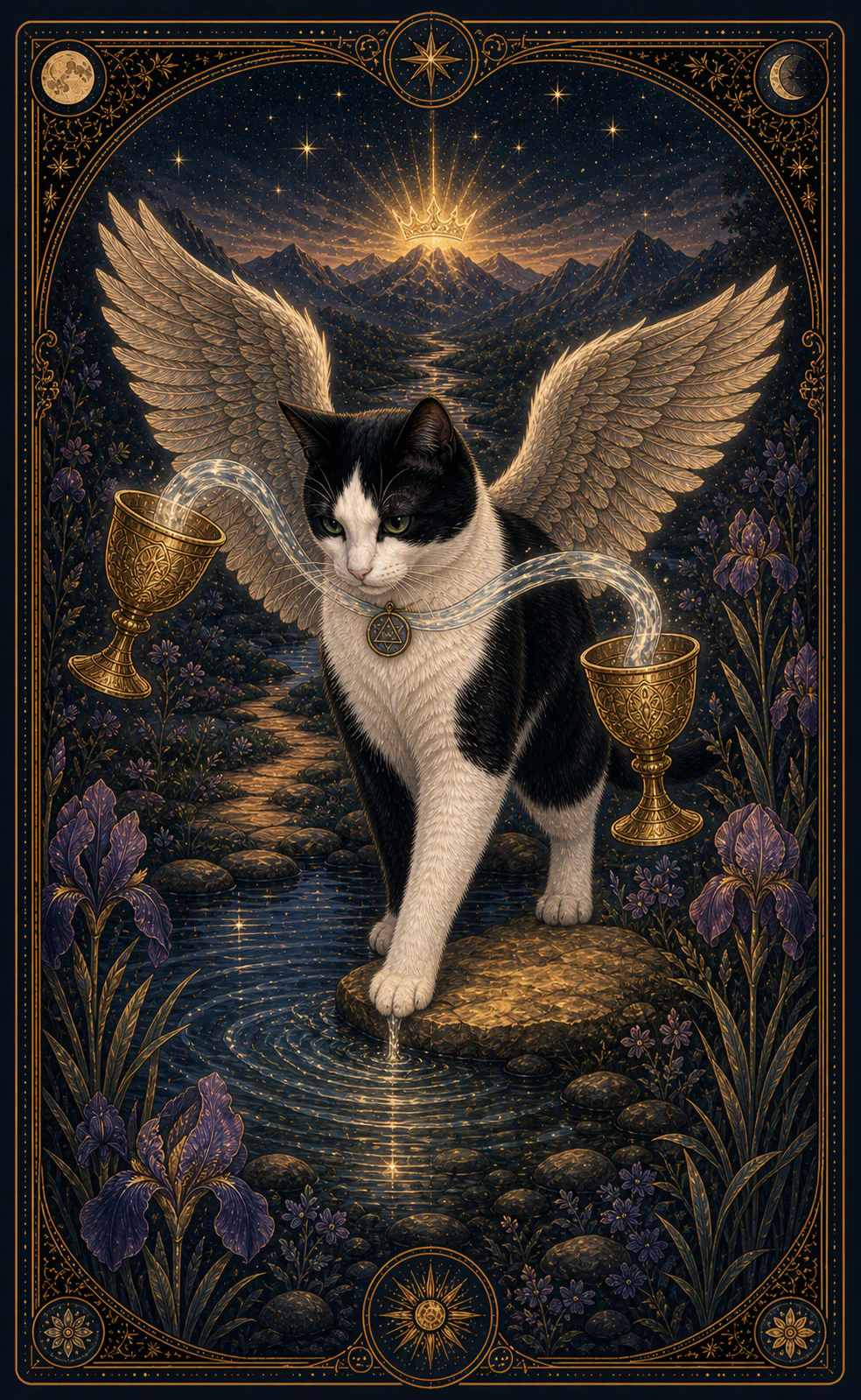 Card of a winged tuxedo cat between water and land, with two cups joined by a luminous current, irises and a crowned sun at the end of a path