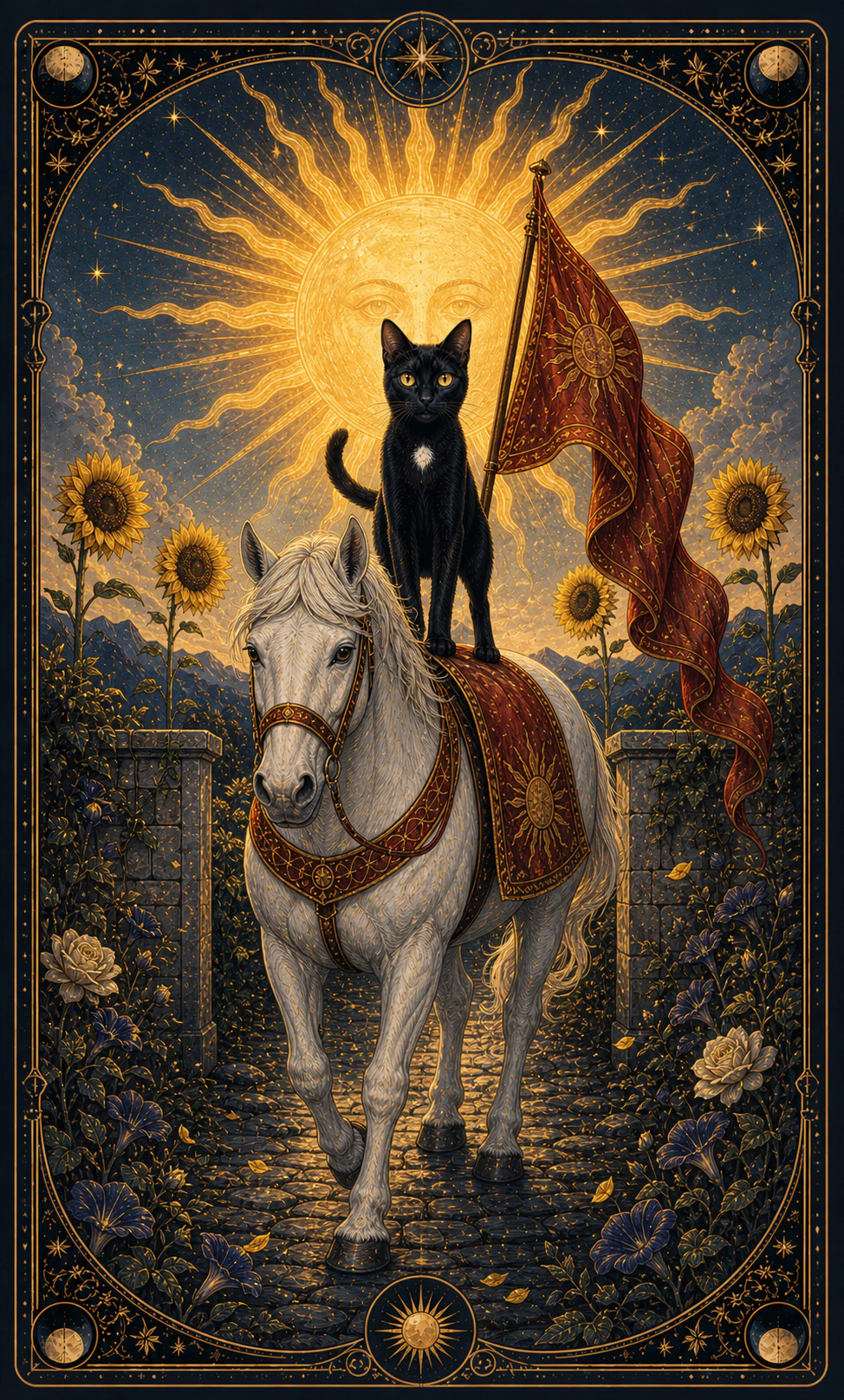 Card of a black cat on a white horse in front of a large golden sun, a red flag, a wall and four sunflowers