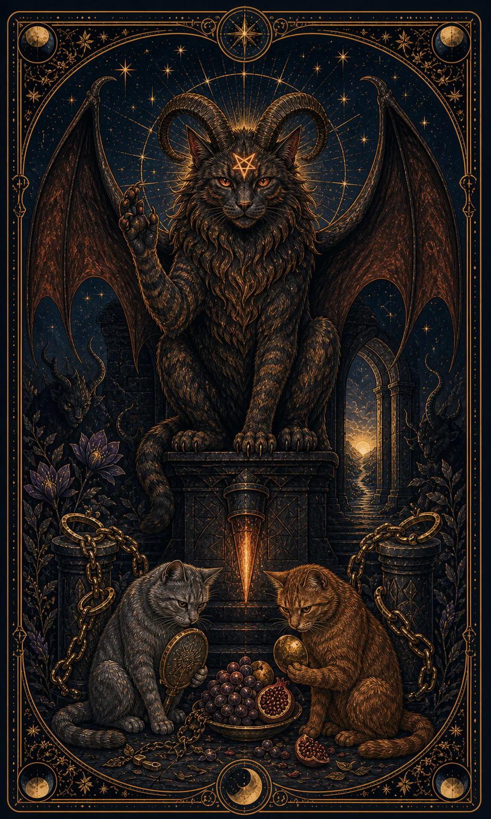 Card of a fictional big cat with wings and horns on a pedestal, before two anonymous cats, an inverted torch and open chains