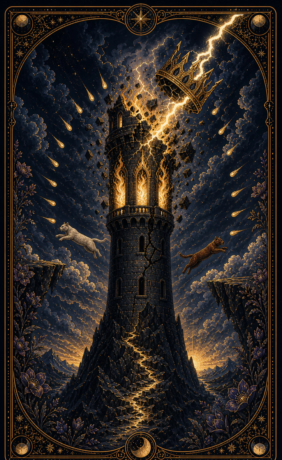 Card of a black tower struck by lightning, with the crown ejected and two anonymous cats jumping sideways towards safe ledges