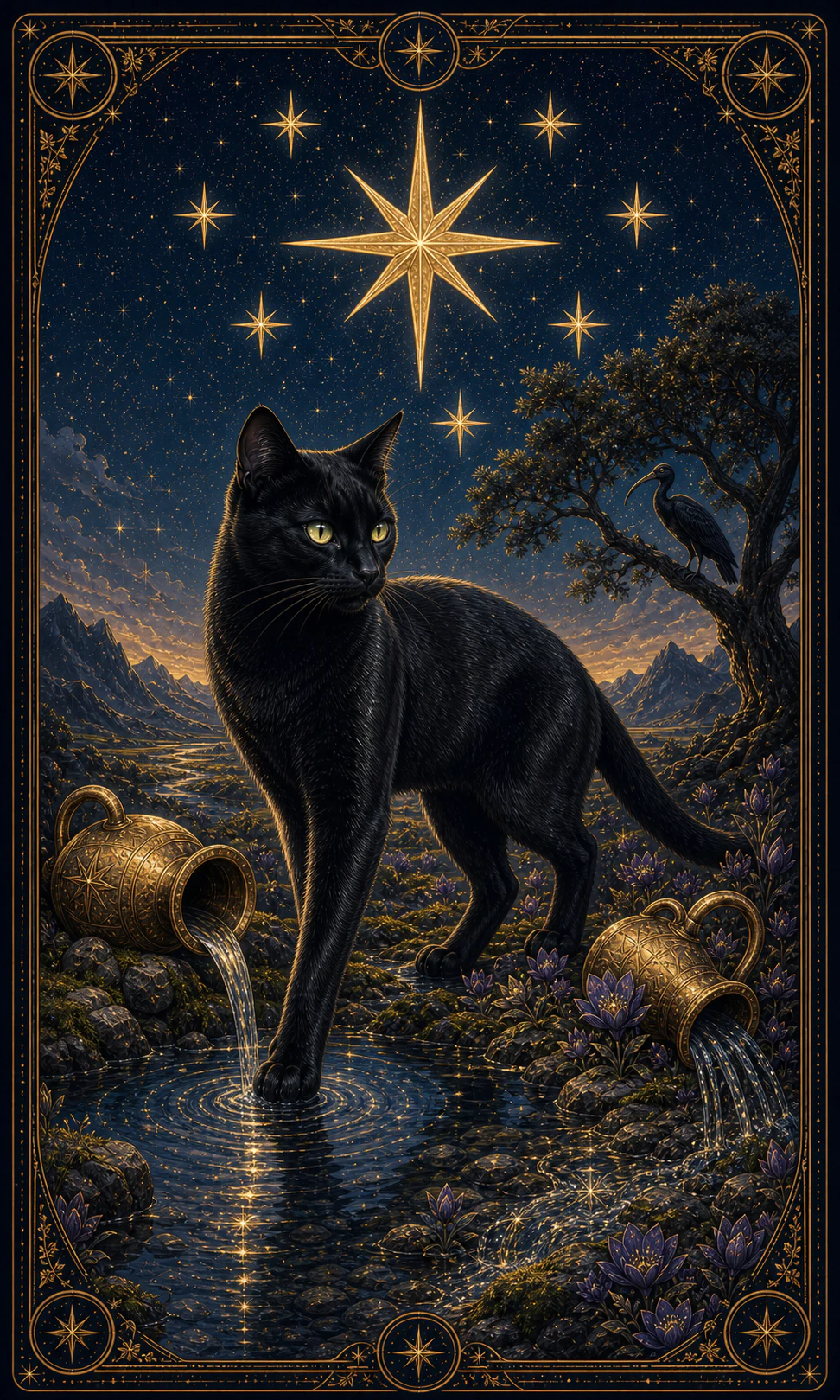 Card of a black cat next to a fountain under a large star and seven smaller ones, with two vessels, violet flowers and an ibis on a tree