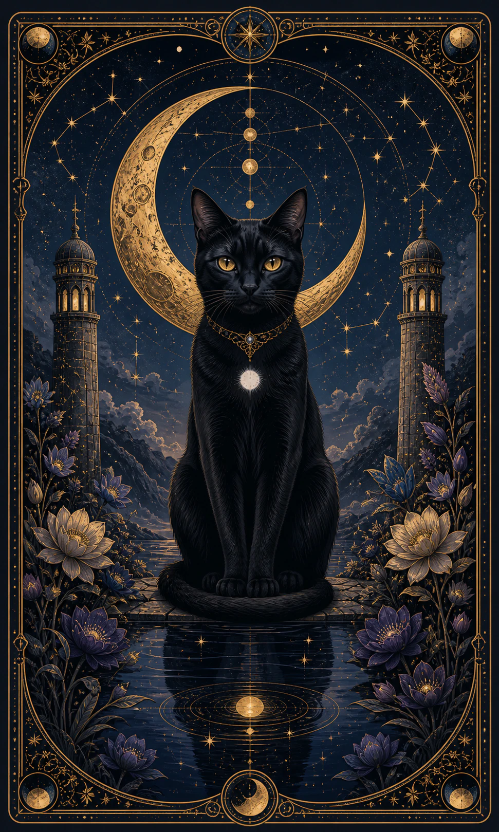 Card of a black cat before a golden crescent moon, between towers, night flowers and starry water