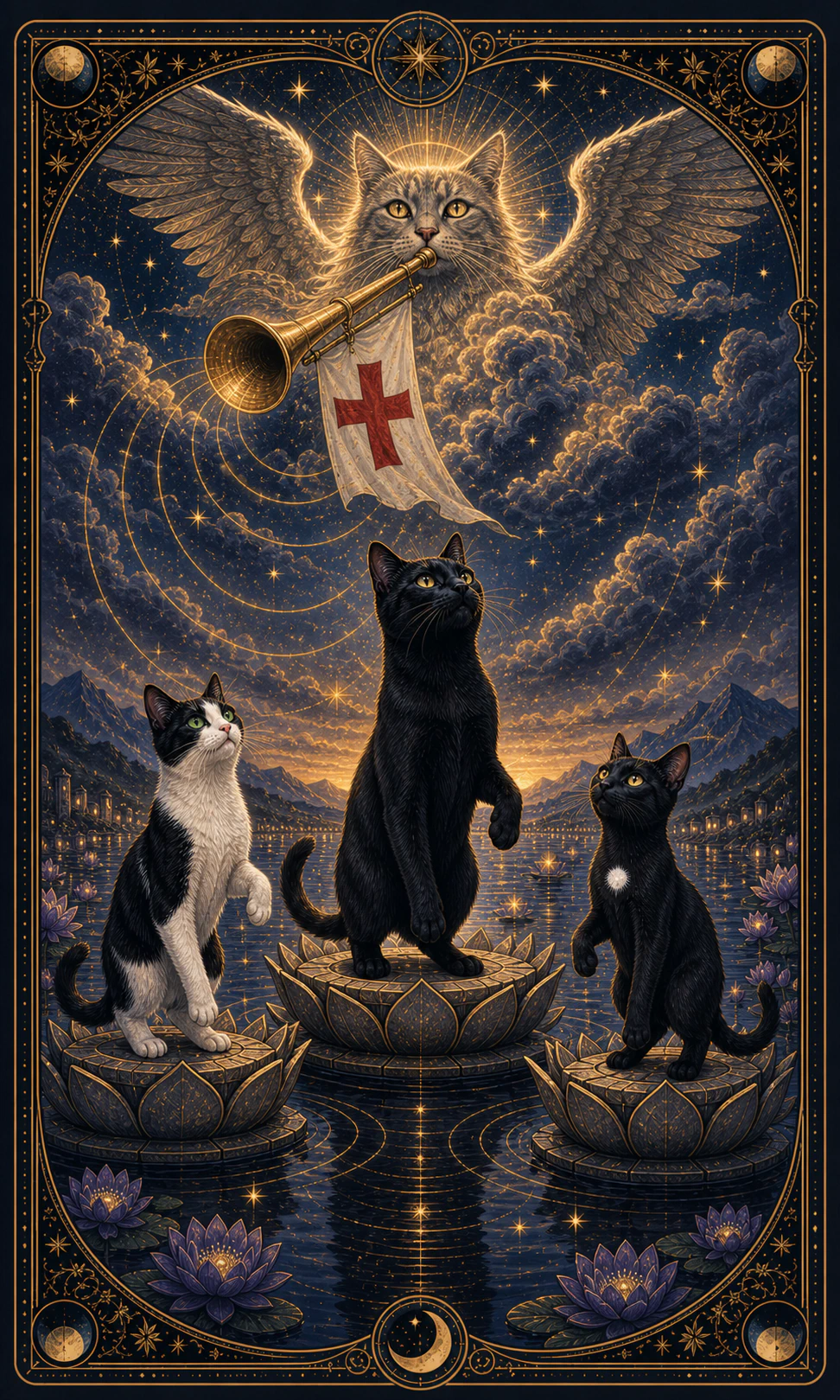 Card of three cats on lotus platforms looking at a winged feline guardian with trumpet and flag, while golden waves travel across the sky and water