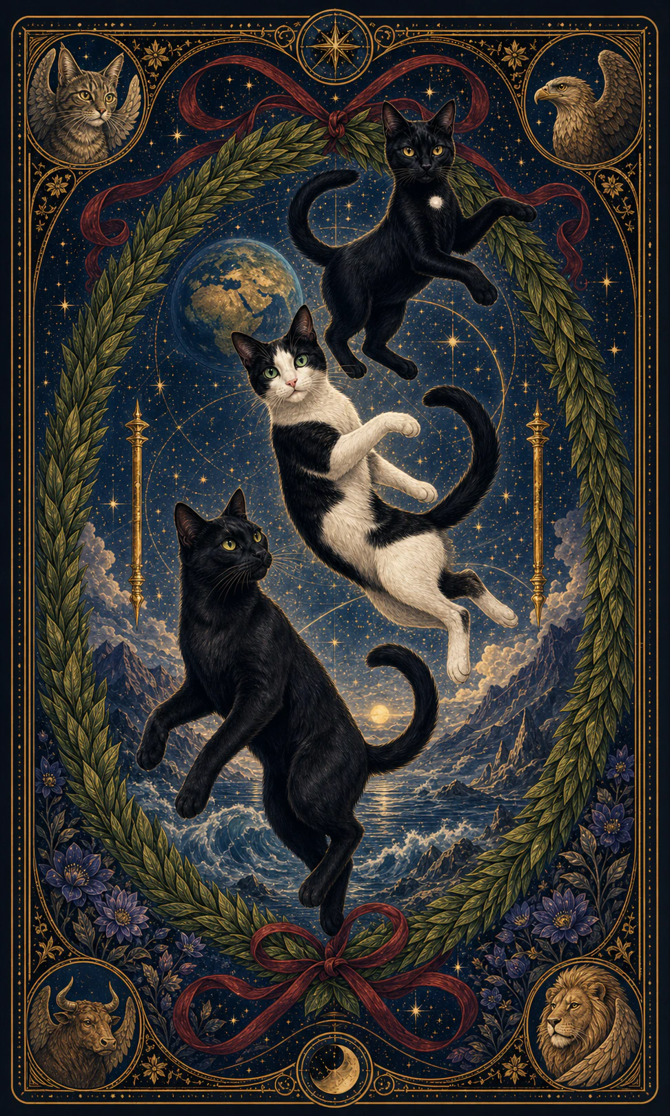 Card of three cats moving inside an oval laurel wreath with red ribbons, surrounded by a winged feline, an eagle, a bull and a lion